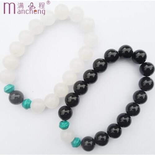 2PCS / Set Angel eyes Lovers' Couple natural stone beads White Snow quartzs Black Onyx bracelet Man Women jewelry