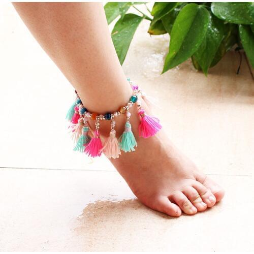 Anklet Ethnic Bohemian Tassel Anklets For Women Bohemian Ankle Bracelet Elastic Cheville Barefoot Sandals Pulseras Foot Jewelry