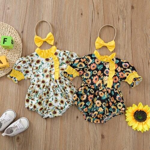 Kids Jumpsuit with Headband Girls Ruffled Round Neck Short Sleeve Romper+ Solid Color Hair Band for Summer