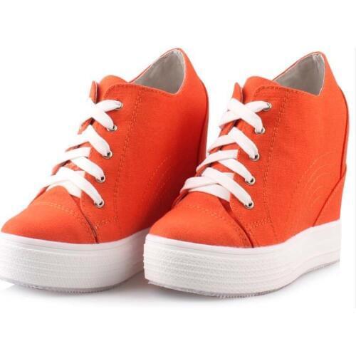 Fashion women elevator candy color breathable canvas high platform denim lace up casual shoes height increasing wedges shoes