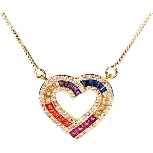 EYIKA Romantic Women Hollow Heart Shape Rainbow Color Zircon Copper Pendent Necklace Fashion Jewelry for Lady Girls Best Gift
