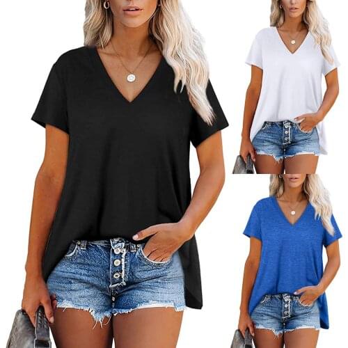 Solid Color Tshirt Women Plus Size Fashion Casual V-Neck Solid Color футболка Loose Short-Sleeve Tee Top All-match Base Clothing