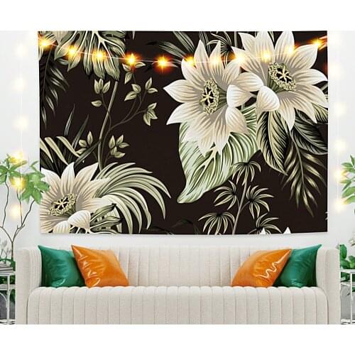 Ivory Flowers Black Tapestry Vintage Exotic Summer Plant Nature Frame for Bedroom Photography Wall Decor