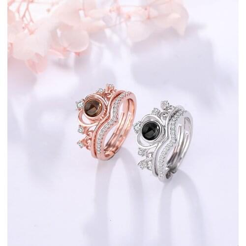 Personalized Photo Name Projection Ring Set 925 Silver I Love You 100 Languages Crown Promise Rings For Women Adjustable Size