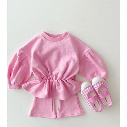 2-6Years Fashion Autumn Girls Clothes Sets Solid Lantern Sleeve Sweatshirts Tops+Flare Pants Casual Tracksuits Outfits