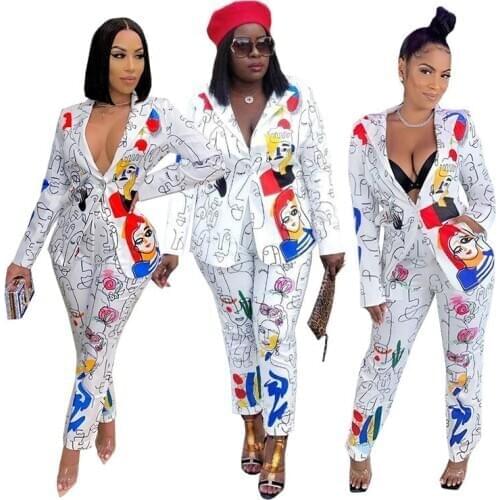 Echoine White Cartoon Printed Fashion Street Blazer Suit Women OL Office Work Lady Tracksuit Jacket Outwear Pant Suit Female Set