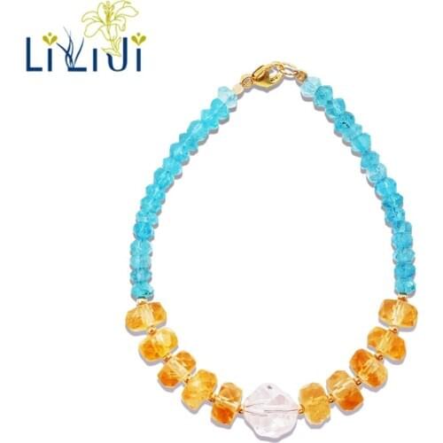 Lii Ji Natural Gemstone Blue Apatite,Citrine,Clear Quartz 925 Sterling Silver 18K Gold Plated/9K GF Bracelet