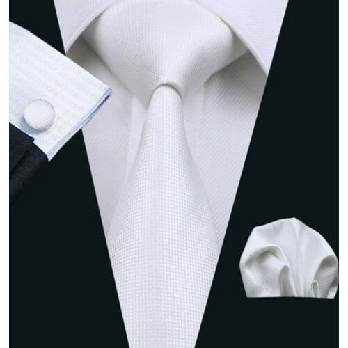LS-341 Hot Ties White Solid Fashion 100% Silk Jacquard Woven Tie Hanky Cufflink Set For Men Formal Wedding Party Free Postage