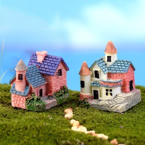 2PCS House Miniature Figurine Home Decoration for Mini Fairy Garden Cartoon Building Statue Resin Craft Doll Car Decoration