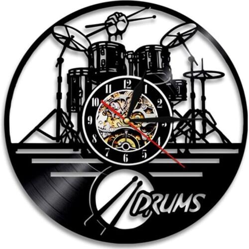 Drum Kit Vinyl Record Wall Clock Music Band Drums Musical Instruments Rock Drummer Wall Clock Unique Gift For Rock Music Lover