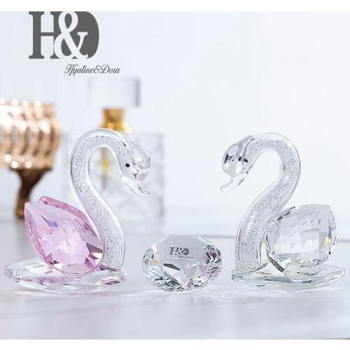 H&D Set 2 Sparkle Crystal Clear Pink Swan Diamond Figurine Art Glass Ornament Miniature Mini Animal Wedding Valentines Day Gift