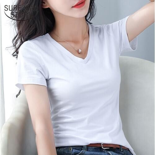 New Fashion Solid Color Women T-shirts Casual V Neck Summer Female Clothing Cotton Plus Size Ladies T-shirts Blusas Mujer 13462