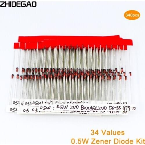 New 0.5W Zener Diode Assorted Kit 2V 3V 3.3V 3.6V 5.1V 5.6V 7.5V 10V 12V 13V 15V 16V 18V 20V 22V 24V 30V 36V 39V 47V