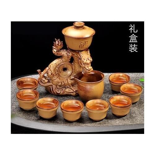 Whole Set of Retro Semi Automatic Pottery Kung Fu Tea Set Home Creative Tea Pot Cup Tea Gift Free Shipping