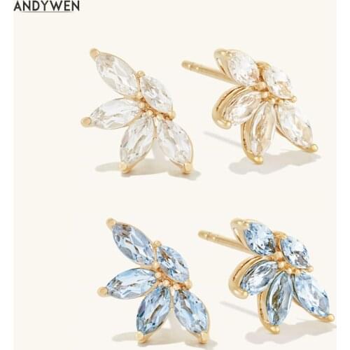 ANDYWEN 925 Sterling Silver Gold Clear Oval Zircon Flower Stud Earring Women Luxury Clips 2021 Pendiente Yellow Fine Jewelry