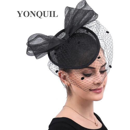 Big Bow Handmade Wedding Hat Yarn Sinamay Fascinator For Bride Women Dinner Chapeau Mesh Party Headpiece Net Dots Millinery Cap