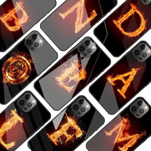 Flame Fire Initial Letter A Z Glass Phone Case for iPhone 11 12 Pro XR X 7 8 XS Max 6 6S Plus SE 2020 Mobile Phones Cover Coque
