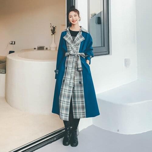 Lattice Stitching Trench Women Casual Quality Loose Ladies Jacket Mid-Length Over Knee Spring Autumn Female Windbreaker Coat