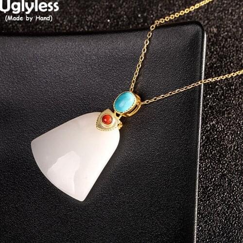 Uglyless Simple Geometric Triangle Necklaces for Women Natural Jade Turquoise Pendants Necklaces 925 Silver Simple Dress Jewelry