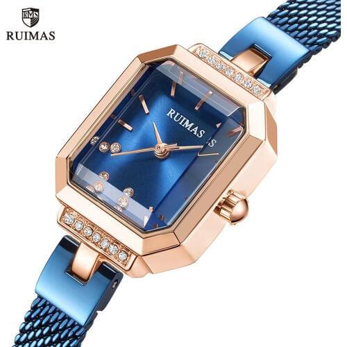 RUIMAS Womens Simple Rectangle Dial Quartz Watches Luxury Blue Mesh Strap Wristwatch Ladies Girl Analog Watch Relogio Clock 579
