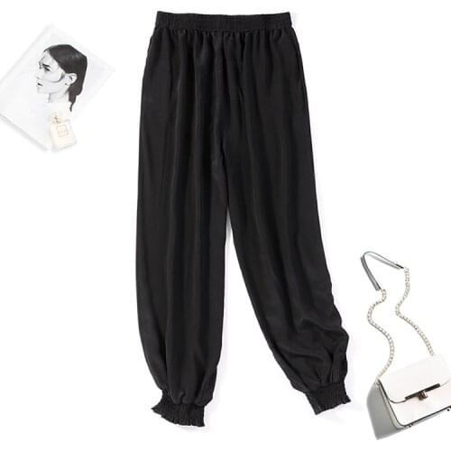 Womens 100% Pure Silk Black Elastic Waist Jogger harem Pants Trousers L XL JN520