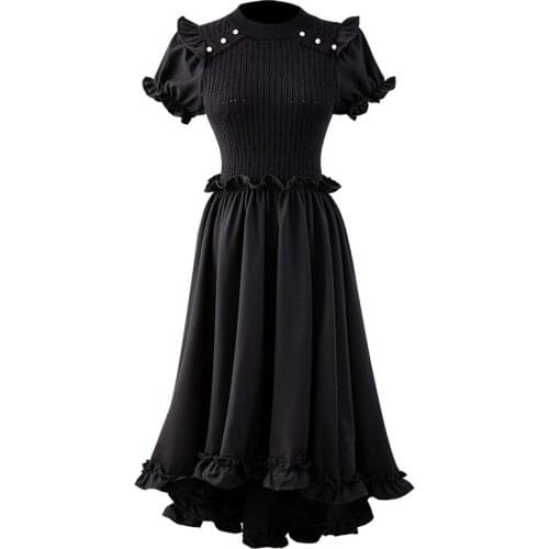 Female Midi Dresses For Women O Neck Puff Short Sleeve High Waist Patchwork A Line Summer Elegant Black Dress