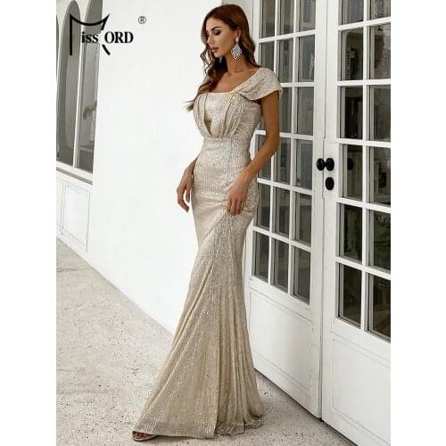 Missord 2021 Sexy Backless Sequins Prom Dress Women Long Sleeve Summer New Mermaid Hem Wedding Evening Party Maxi Gold