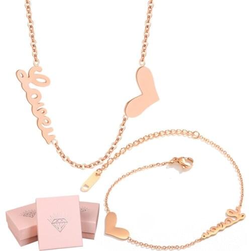316L Stainless Steel Simple Love Love Pendant Titanium Steel Necklace Bracelet Set Temperament Rose Gold Jewelry Set