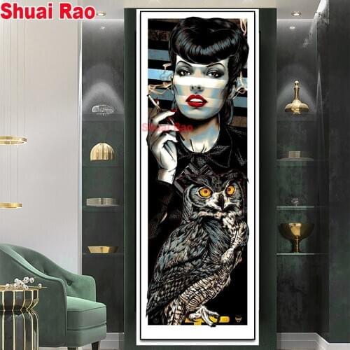 Diamond embroidery Smoking woman,5d diy diamond painting cross stitch full square round diamond embroidery lady and owl wall art