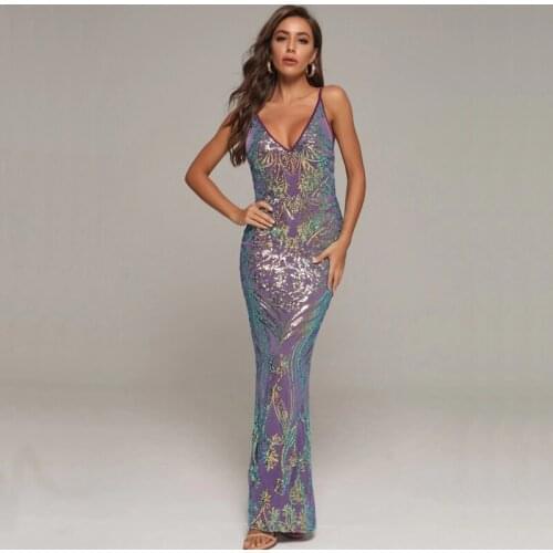 Free Shipping Womens Dress Purple Spaghetti Strap Sequins V-Neck Backless Fashion Sexy Celebrity Cocktail Party Evening Dress