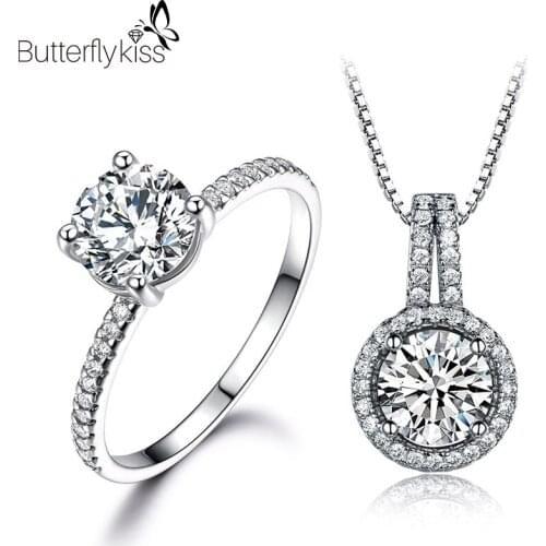 BK Real 925 Sterling Silver Cubic Zircon Pendant Ring Two Piece Jewelry Set Luxury Wedding Promise Fine Jewelry Female Gifts