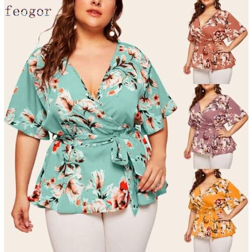 FEOGOR womens blouse Summer plus size womens V-neck short-sleeved printed waist loose chiffon top Plus size womens clothing