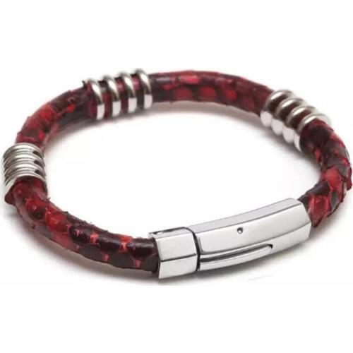 Beichong Red 5mm Natural Python Python Skin leather with Silver Stainless Steel Clasp Buckle Bracelet Bangle for Men Women gift
