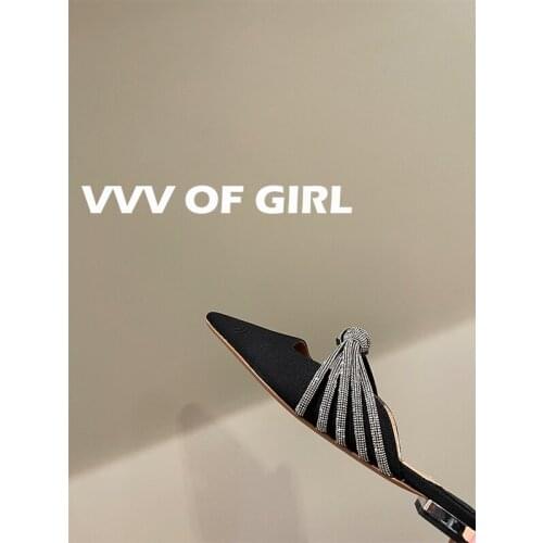 Brand womens shoes super flash 2021 spring and summer new pointed diamond Baotou slippers womens flat sandals