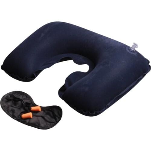 Travel sanbao auto pillow flocking inflatable neck travel earplug eye mask pillow three-piece set r-6402