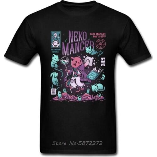 Nekomancer T-shirt Dead Cats Back To Life T Shirt Men Letter Tshirt Anime Print Tees Mens Cotton Clothes Japan Black Tops Kawaii