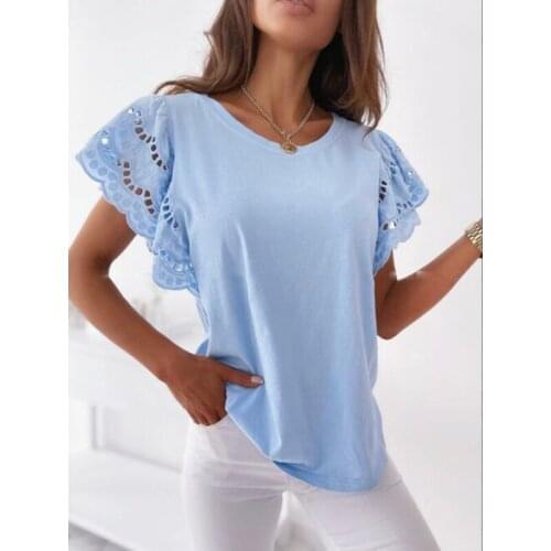 Womens Elegant Lace Stitching T-shirt Casual Solid Color Lace Hollow Out Short Sleeve O-neck Tops Summer Casual Loose Pullover