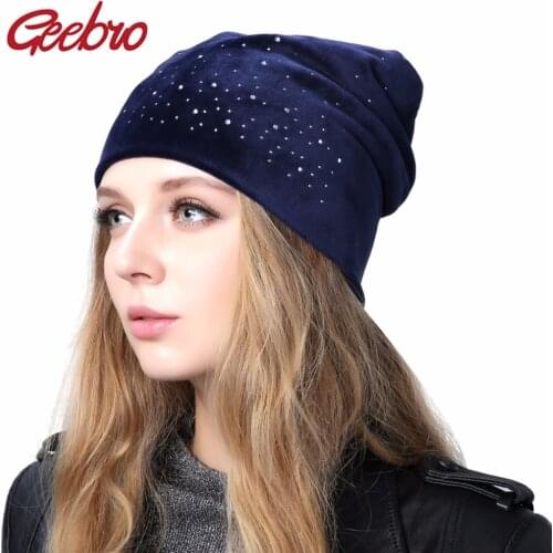 Geebro Womens Velour Rhinestones Beanies Hat 2018 Spring Polyester Slouchy Beanie for Women Plain Color Skullies Bonnet Cap