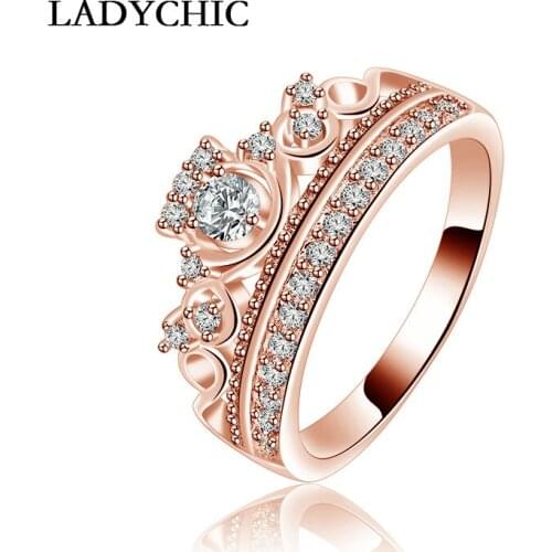 LADYCHIC Princess Queen Crown Rings Cubic Zirconia Fashion Rose Gold Color Jewelry for Women Female Shiny Crystal Ring LR1024