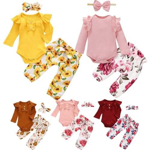 3-piece set of newborn baby girl clothes spring and autumn long-sleeved solid color fart jumpsuit tops pants turban baby clothes