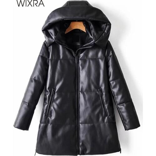 Wixra Solid PU Leather Cotton Jacket Hooded Womens Fashion Leather Long Coats Ladies Waterproof Thick Jackets Female Winter