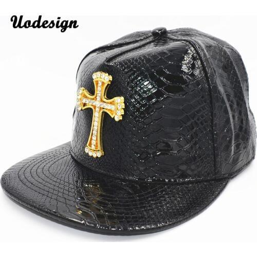 Bling Crystal Gold Cross Pendant Fashion Cap Caps Hip Hop Dance Hats PU Leather Hat Adjustable Men Women