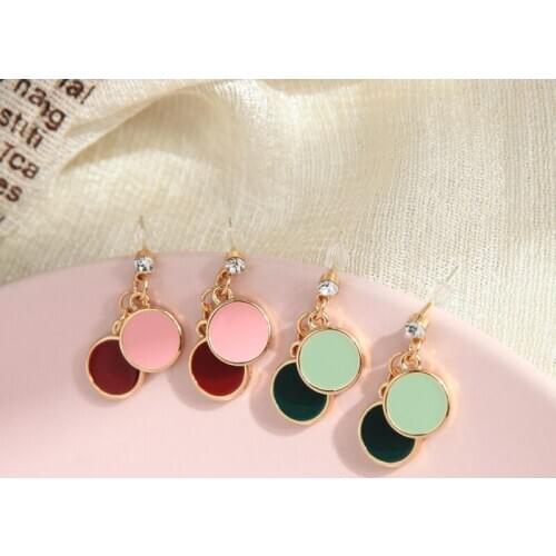 Fashion A/lloy Yellow Pink Green Leather Round Earrings Gold Color Crystal Drop Earrings For Woemn 2020 New Jewelry