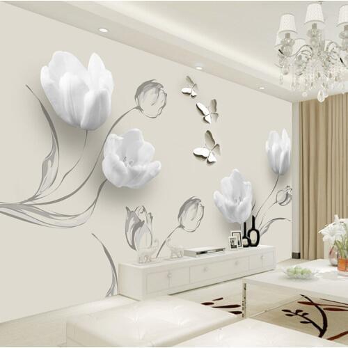 Fashion Simple Tulip Butterfly Photo Mural Wallpaper 3D Living Room TV Sofa Background Wall Cloth Decoration Papel De Parede 3D