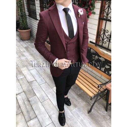 Men Suits Burgundy and Black Groom Tuxedos Notch Lapel Groomsmen Wedding Best Man 3 Pieces ( Jacket+Pants+Vest+Tie ) C898