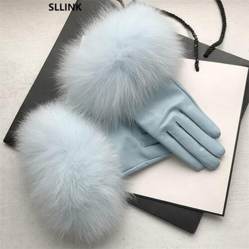 2020 New Arrival Genuine Leather Glove Real Sheepskin & Fox Fur Gloves Womens Fashion Style High Quality