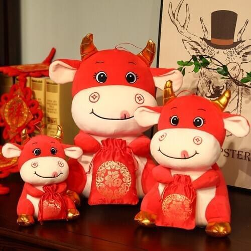 2021 New Year Gift Cute Cow Plush Toys Mascot Zodiac Ox Stuffed Toy Cartoon Animals Doll Chinese Red Lucky Doll Home Decoration