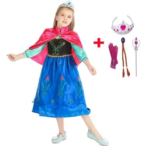 Princess Anna Dress With Cloak Fancy Clothes For Girl Floral Birthday Party Gown Up Children Kids Snowflake Halloween Costume