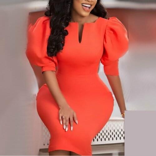 Dresses Short Lantern Sleeve Bodycon Pencil Women Elastic Elegant Office Ladies Classy Dress Slim Vestido African Modest Female