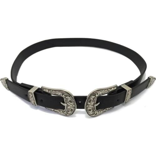 Women high Quality Belt Vintage Faux Leather Two Buckles Waist Band for Jeans Dress Pants